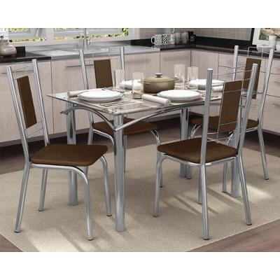 Conjunto: Mesa de Cozinha Elba c/ Tampo de Vidro 120cm + 4 Cadeiras Florença Cromado/Marrom - Kappesberg