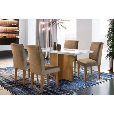 Kit Mesa Sala JantarC- Tampo Vidro Canto Reto 120cm + 4 Cadeiras Imbuia Chocolate