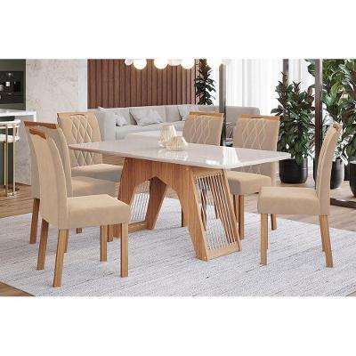 Kit Mesa Carol C- Tampo Vidro 180cm + 6 Cadeiras Nature Off White Madeira Nude