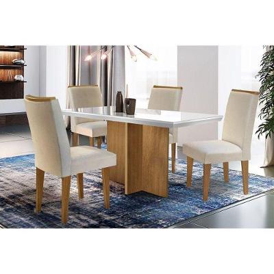 Sala de Jantar Completa Berlim Vidro 120Cm + 4 Cadeiras Lunara Imbuia Veludo Creme