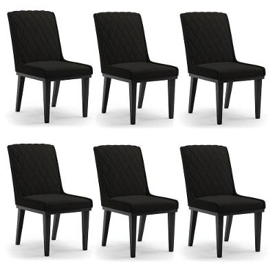 Cadeira Sala De Jantar Base Madeira Preto Kit 6 Sofia Suede D03 - D'rossi Cor Preto