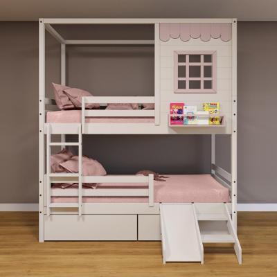Beliche Casinha Reta Com 02 Gavetas Escorregador E Grade Removível Madeira Maciça Branco/ Rosa Housin
