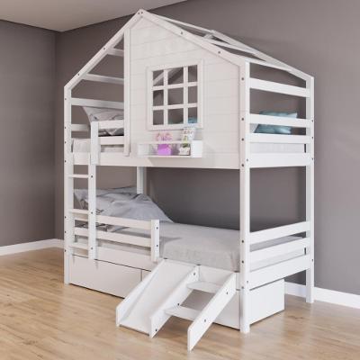 Beliche Casinha Com Janela Com 02 Gavetas Kit Escada/escorregador E Grade De Proteção Madeira Maciça Branco Housin