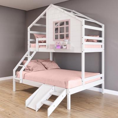 Beliche Casinha Com Janela Casal/Solteiro Com Escada/escorregador Madeira Maciça Branco/ Rosa Housin