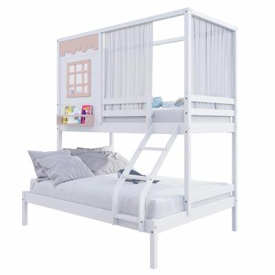 Beliche Casinha Reta Casal- Solteiro Com Cortina Madeira Maciça Branco- Rosa Housin