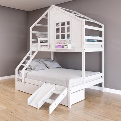 Beliche Casinha Com Janela Casal/Solteiro Com 02 Gavetas E Kit Escada/escorregador Madeira Maciça Branco Housin