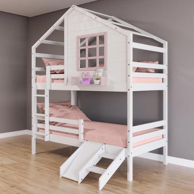 Beliche Casinha Com Janela Com Escada- Escorregador E Grade De Proteção Madeira Branco- Rosa
