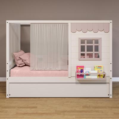 Bicama Casinha Reta Com Cortina Madeira Maciça Branco- Rosa Housin