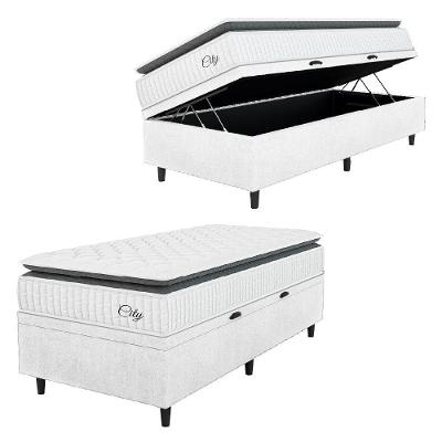 Cama Box Baú Colchão Solteiro Molas Ensacadas City Pillow Top 88x188x64cm Linho Branco / Preto Hellen Branco