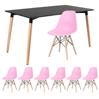 Mesa Retangular 80 X 140 Cm Preto + 6 Cadeiras Rosa Claro