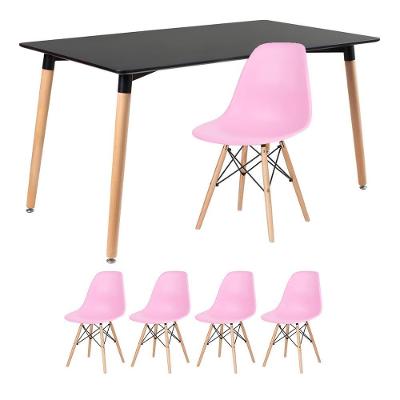 Mesa Retangular 80 X 140 Cm Preto + 4 Cadeiras Rosa Claro