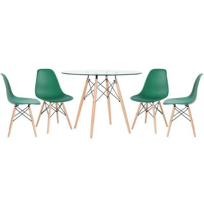 Mesa Redonda Eames Com Tampo De Vidro 100 Cm + 4 Cadeiras Eiffel Dsw Verde Escuro