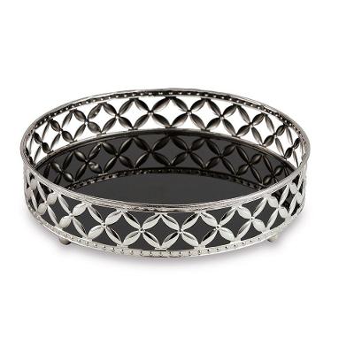 Bandeja Redonda em Metal Prata Com Espelho Preto 5x24,5 Cm