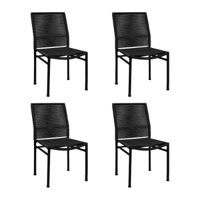 Kit 4 Cadeiras Lari Empilhavel Em Aluminio E Corda Nautica Preta - Preto