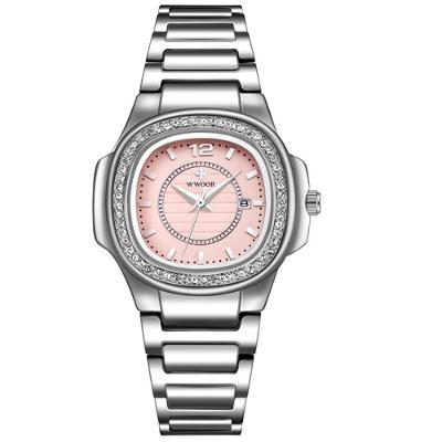 Relógio Feminino Quadrado Com Strass Pulseira Em Aço Inoxidavel Impermeavel Rosa