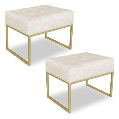 Kit 02 Puffs Lisa Linho Bege Base Metálica Industrial Dourado