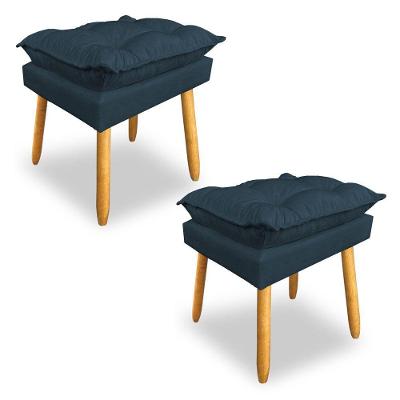 Kit 2 Puffs Decorativo Opala Suede Azul Marinho Pés Palito Dal Poz Estofados