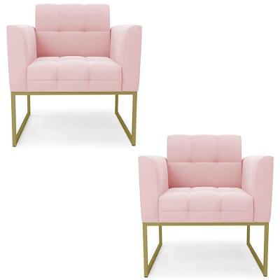 Poltrona Base Industrial Dourado Kit 2 Ana Suede Rosa Bebê