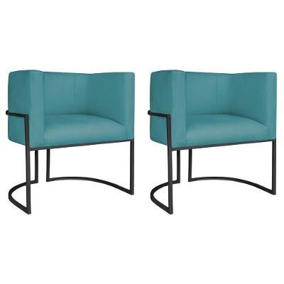 Kit 02 Poltronas Decorativas Luna Base De Ferro Preto Suede Azul Turquesa