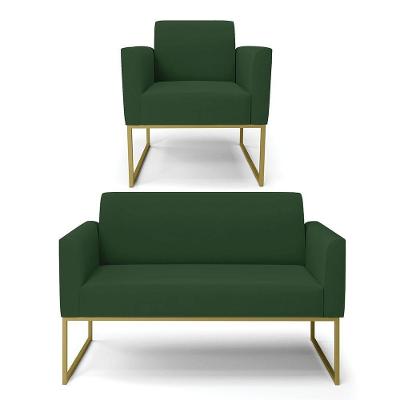 Sofá Namoradeira Com Poltrona Base Industrial Dourado Marisa Veludo Verde D03 - D'rossi