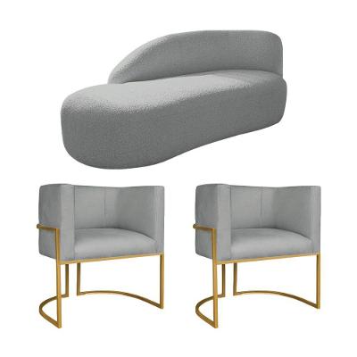 Kit Divã Luna 185cm Lado Esquerdo E 02 Poltronas Base De Ferro Dourado Bouclé Cinza