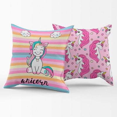 Par De Almofadas Estampadas Cheias Unicórnio Listrado Pink 45cm X 45cm Enchimento Refil Em Silicone