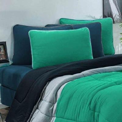 Kit Edredom + Jogo De Lençol Malha 100% Algodão Urbano 7 Peças King - Verde Jade-mescla-azul Petroleo