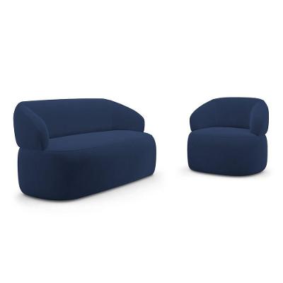 Kit Poltrona Giratória E Sofá Orgânico Living Glee 02 Lugares 140cm Veludo Azul Marinho Desk Design