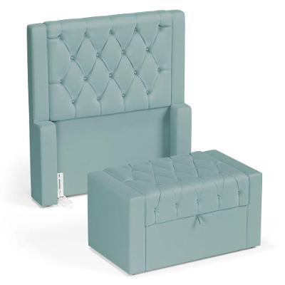 Cabeceira E Calçadeira Báu Solteiro Atena 90cm Capitonê Veludo Acqua - Desk Design