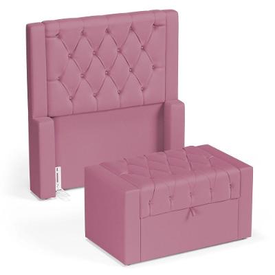 Cabeceira E Calçadeira Báu Solteiro Atena 90cm Capitonê Suede Rosa - Desk Design
