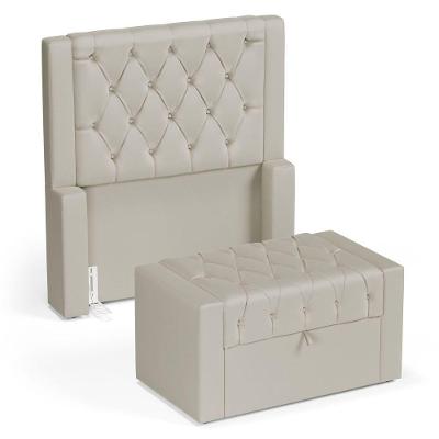 Cabeceira E Calçadeira Báu Solteiro Atena 90cm Capitonê Sintético Bege - Desk Design