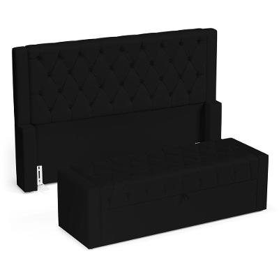 Cabeceira E Calçadeira Báu Casal Padrão Atena 140cm Capitonê Suede Preto - Desk Design