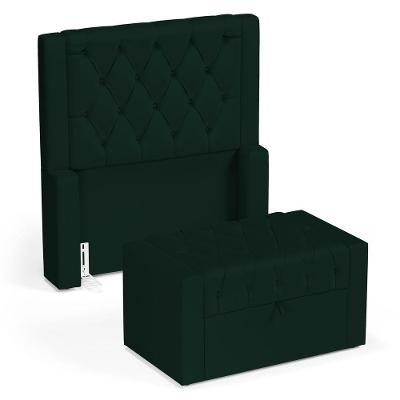 Cabeceira E Calçadeira Báu Solteiro Atena 90cm Capitonê Veludo Verde Escuro - Desk Design