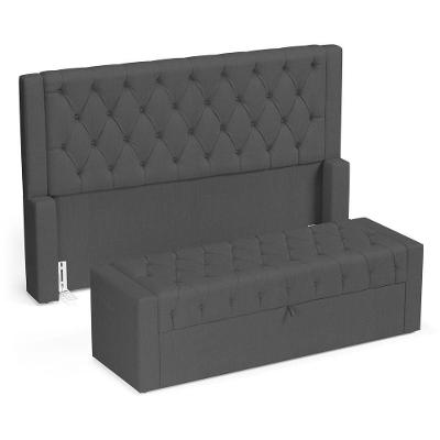 Cabeceira E Calçadeira Báu Casal Padrão Atena 140cm Capitonê Linho Cinza Escuro - Desk Design