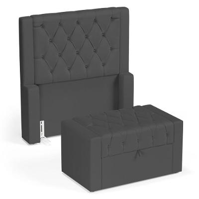Cabeceira E Calçadeira Báu Solteiro Atena 90cm Capitonê Suede Cinza - Desk Design