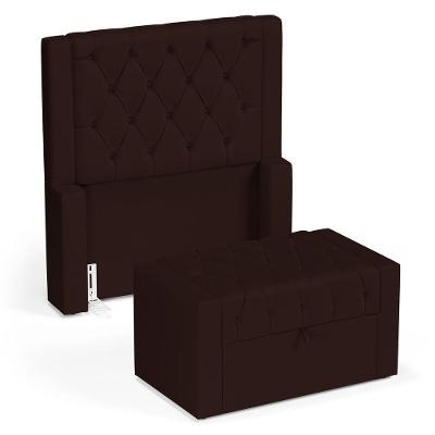 Cabeceira E Calçadeira Báu Solteiro Atena 90cm Capitonê Sintético Marrom - Desk Design