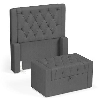 Cabeceira E Calçadeira Báu Solteiro Atena 90cm Capitonê Linho Cinza Escuro - Desk Design