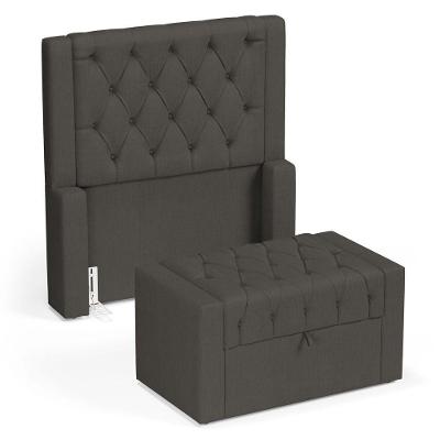 Cabeceira E Calçadeira Báu Solteiro Atena 90cm Capitonê Linho Cacau - Desk Design