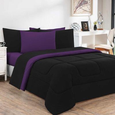 Kit Edredom + Jogo De Lençol Malha 100% Algodão Gran Moratta 4 Peças Solteiro - Preto-roxo.