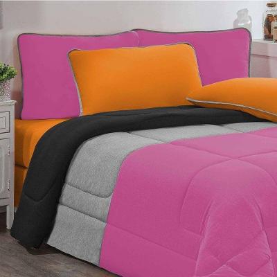 Kit Edredom Malha 100% Algodão Urbano 3 Peças Casal - Pink-mescla-preto