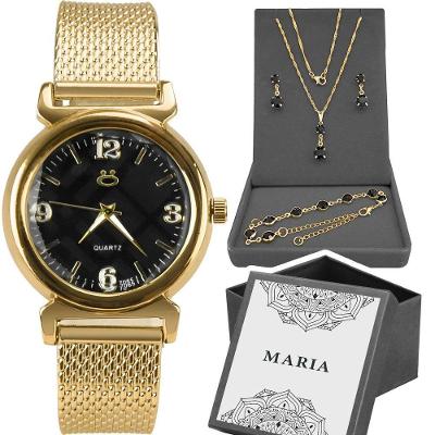 Relógio Feminino Banhado + Pulseira + Colar Strass Strass Casual Moda