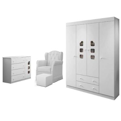 Quarto Infantil 3 Peças Com Poltrona Amamentação Cecilia Sintético Branco