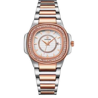Relógio Feminino Quadrado Com Strass Pulseira Em Aço Inoxidavel Impermeavel Prata Rose