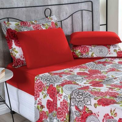 Jogo De Cama Malha Lençol 100% Algodão Primavera 3 Peças Solteiro - Floral Vermelho.