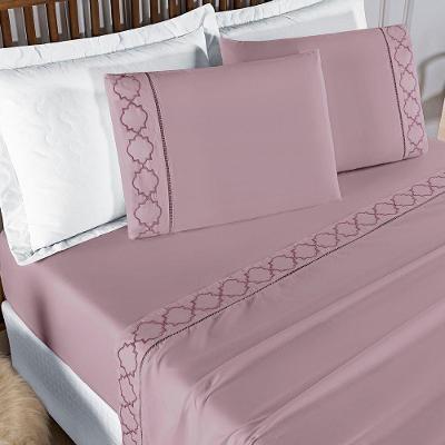 Jogo De Cama 300 Fios Bordado Casal Padrão Infinity 04 Peças - Frapê De Uva