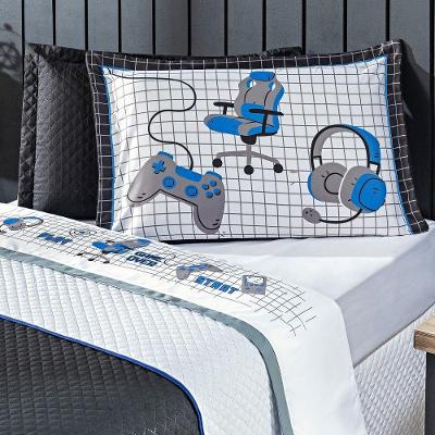 Jogo De Cama Game Streamer Branco-azul Solteiro 03 Peças Percal 200 Fios