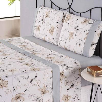 Jogo De Lençol Naturale Estampado Queen 4 Peças Ponto Palito Percal 180 Fios - Cinza Floral