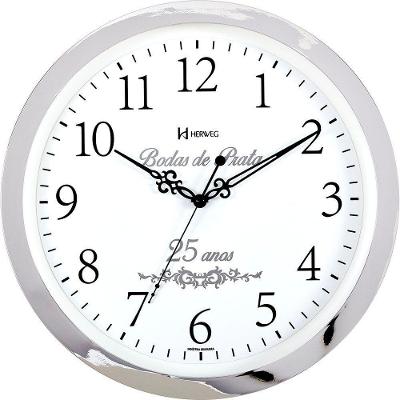 Relógio Parede 35cm Cromado Bodas De Prata Herweg 6816