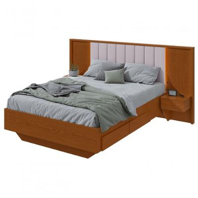 Cama Casal 140cm Com Usb, Usb-c E 2 Mesa De Cabeceiras Solaris Frassino Off White.
