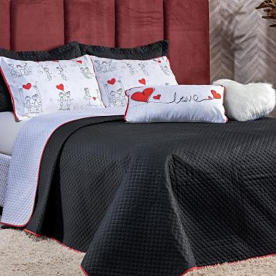 Cobre Leito Coração Love Preto-branco Dupla Face Com Almofadas Casal Padrão 07 Peças